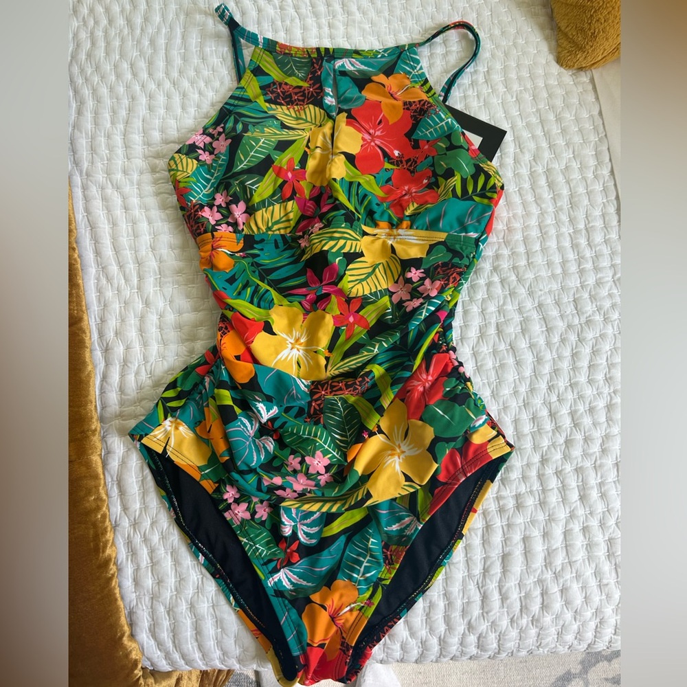 Ellen Tracy Tropical Floral One Piece Swimsuit - Green, Red, Yellow